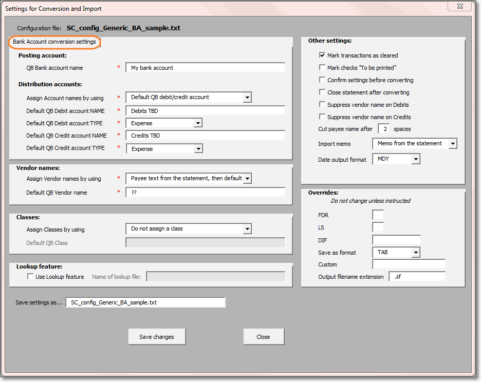 Settings/options for Bank Account statement