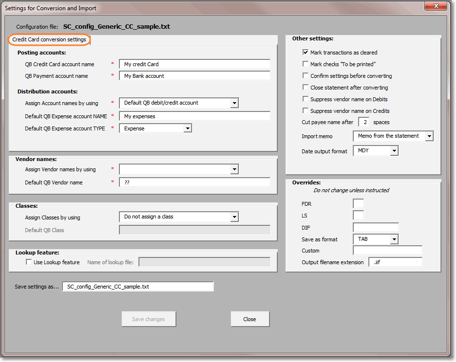 Settings/options for Credit Card statement