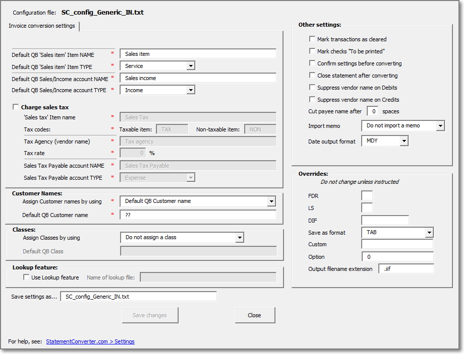 conversion settings for the generic Invoice converter