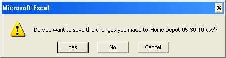Example of Excel prompt to save changes