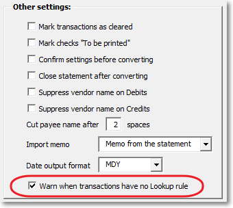 Option to enable warnings when transaction is not matched